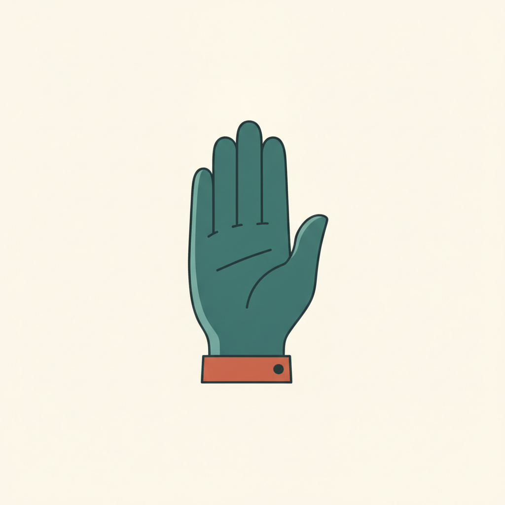 Teal hand raised in stop gesture against cream background