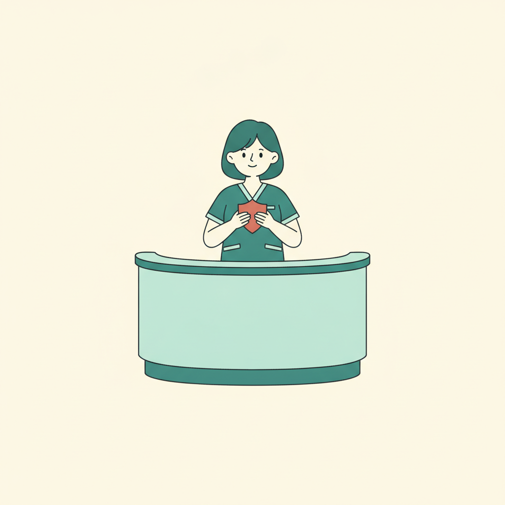 Chiropractic assistant at front desk holding privacy shield icon